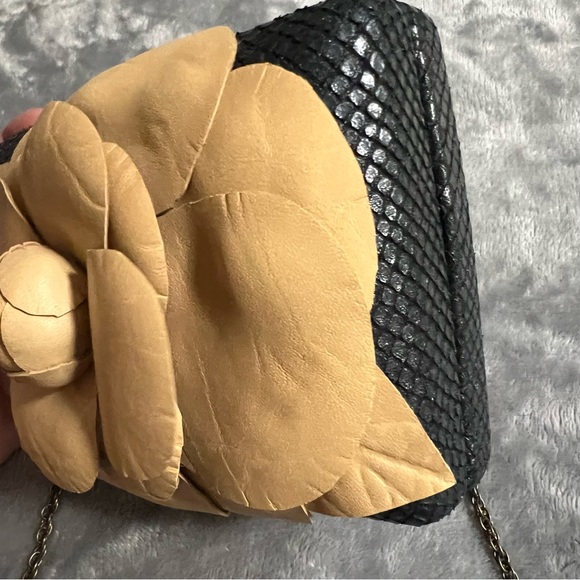 Serpui Maria Clutch with Large Leather Flower 6 x 5 x 2 Black and Cream - Picture 7 of 16